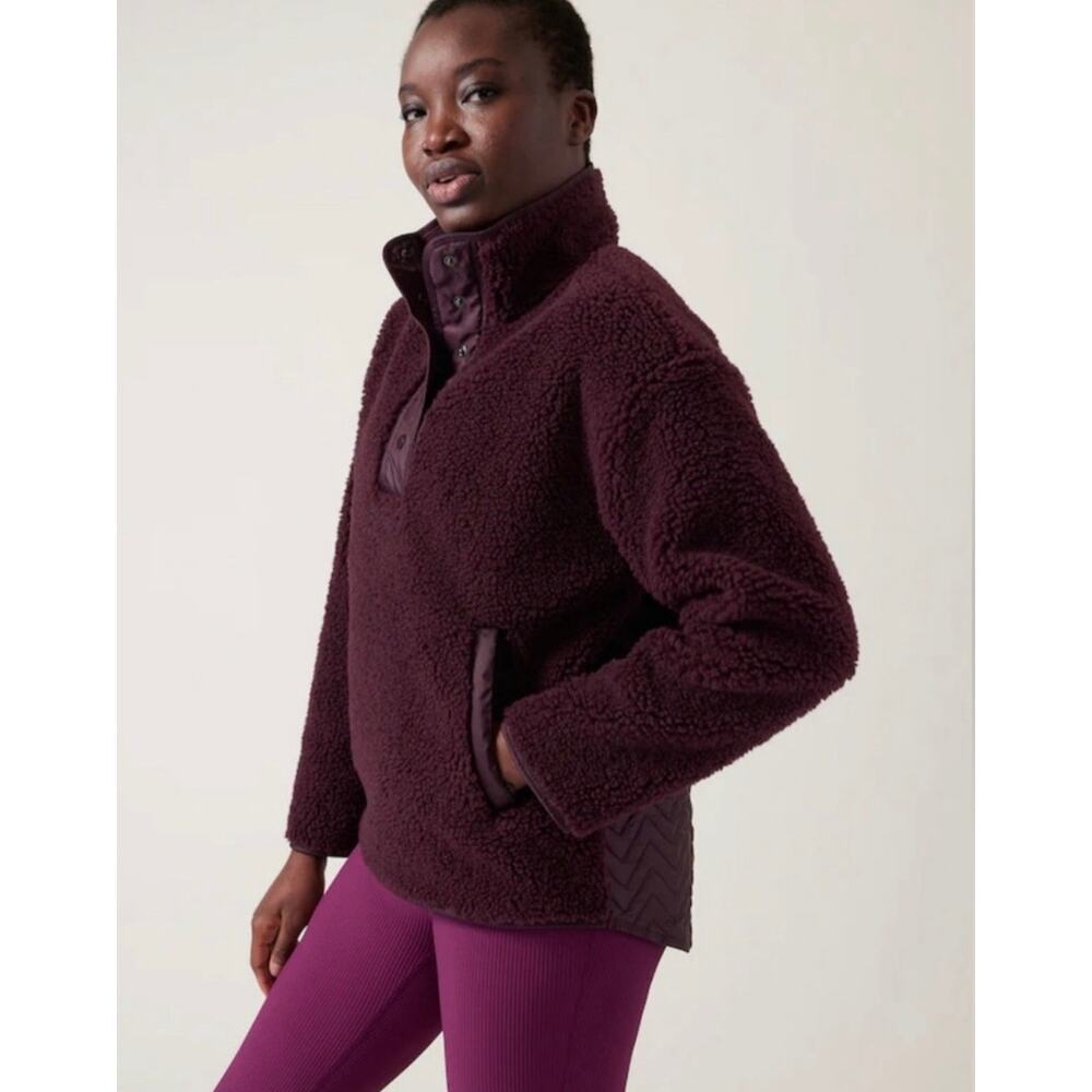 Athleta Cozy Sherpa Snap Sweatshirt Burgundy Size M